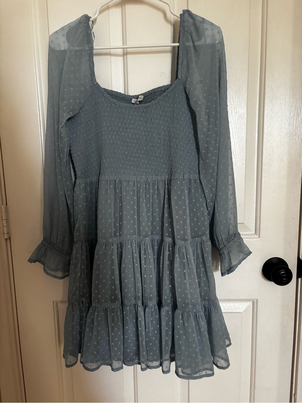 Patrons of Peace Light Blue Long Sleeve Tiered Swiss Dot Dress